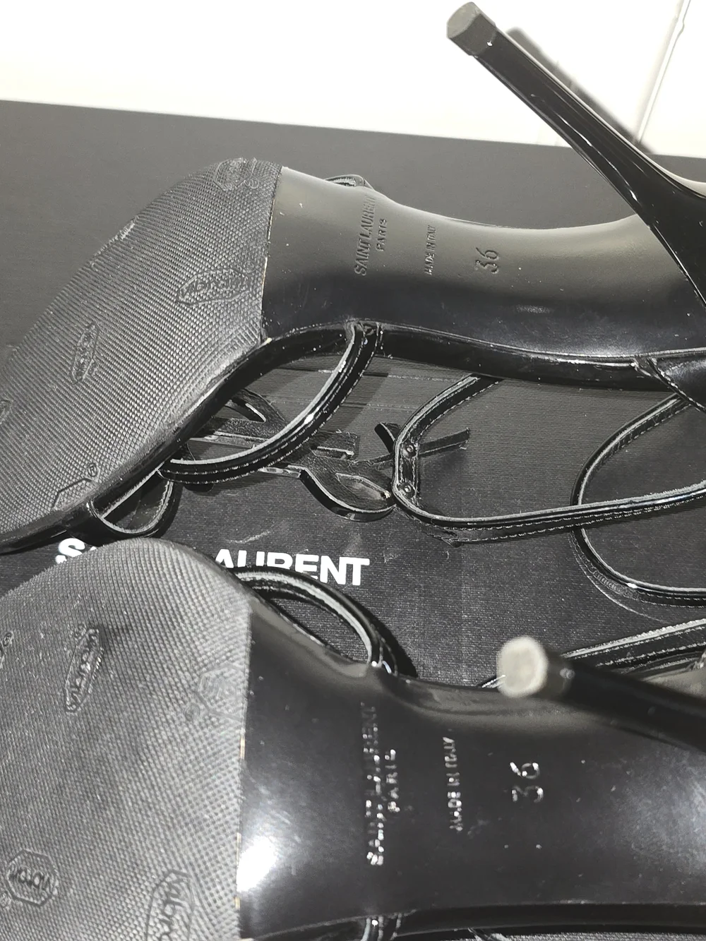 Saint Laurent Black Patent Leather T-Strap Logo High Heels - Picture 4 of 5